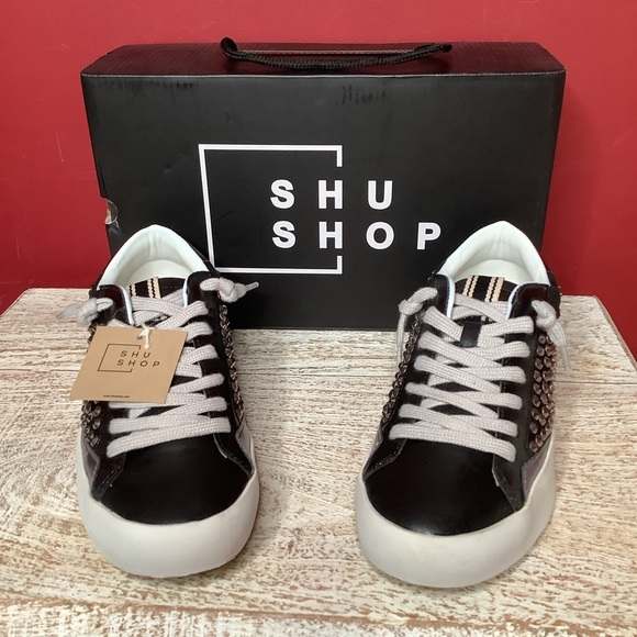SHU SHOP NWT Sz 8 Ruby Studded Black Tie Sneakers Round Toes White Rubber Soles - Picture 3 of 13